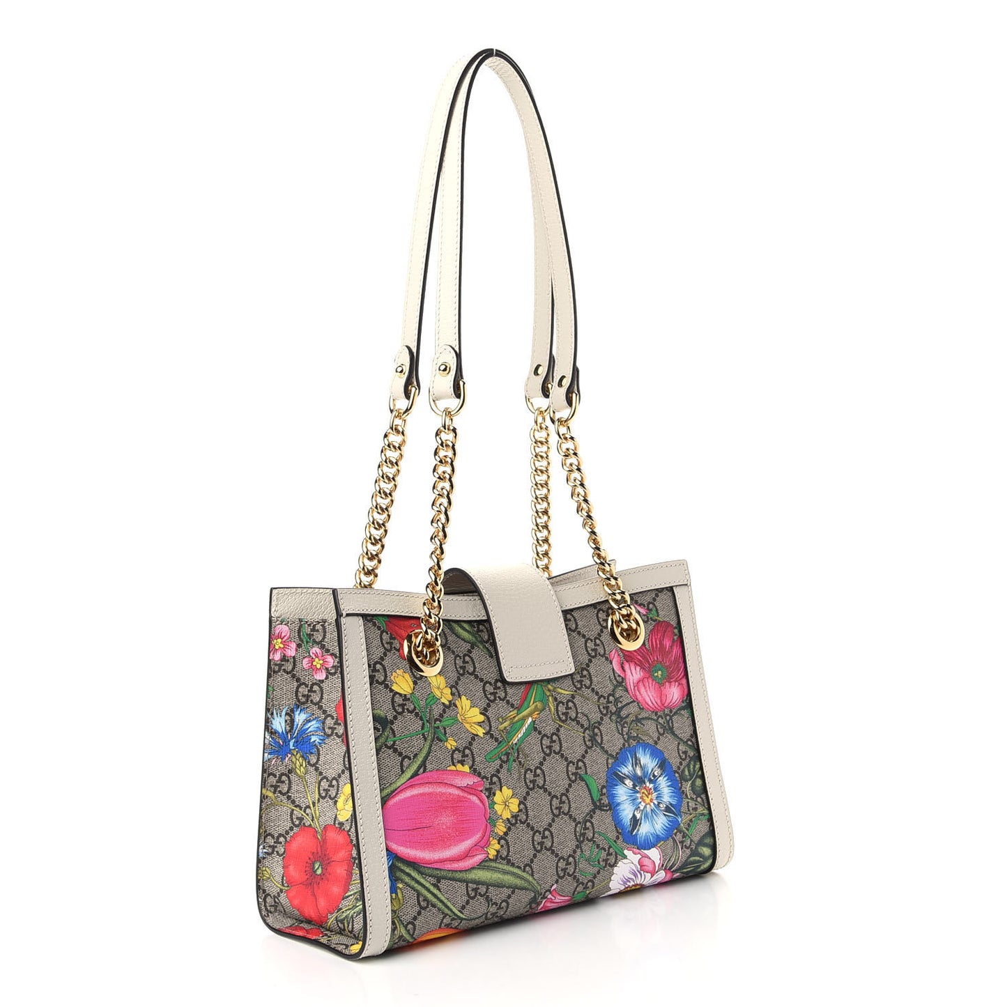 GG Supreme Monogram Flora Textured Calfskin Small Padlock Tote Beige Ebony Multicolor Mystic White