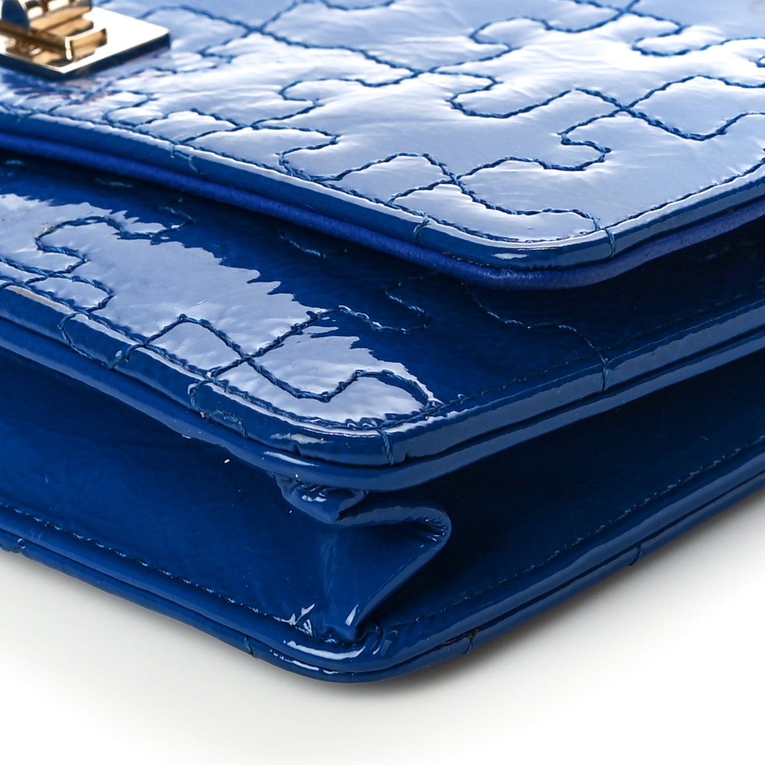 Chanel Crackled Patent Calfskin Puzzle Reissue Wallet On Chain WOC Blue 10 of 15