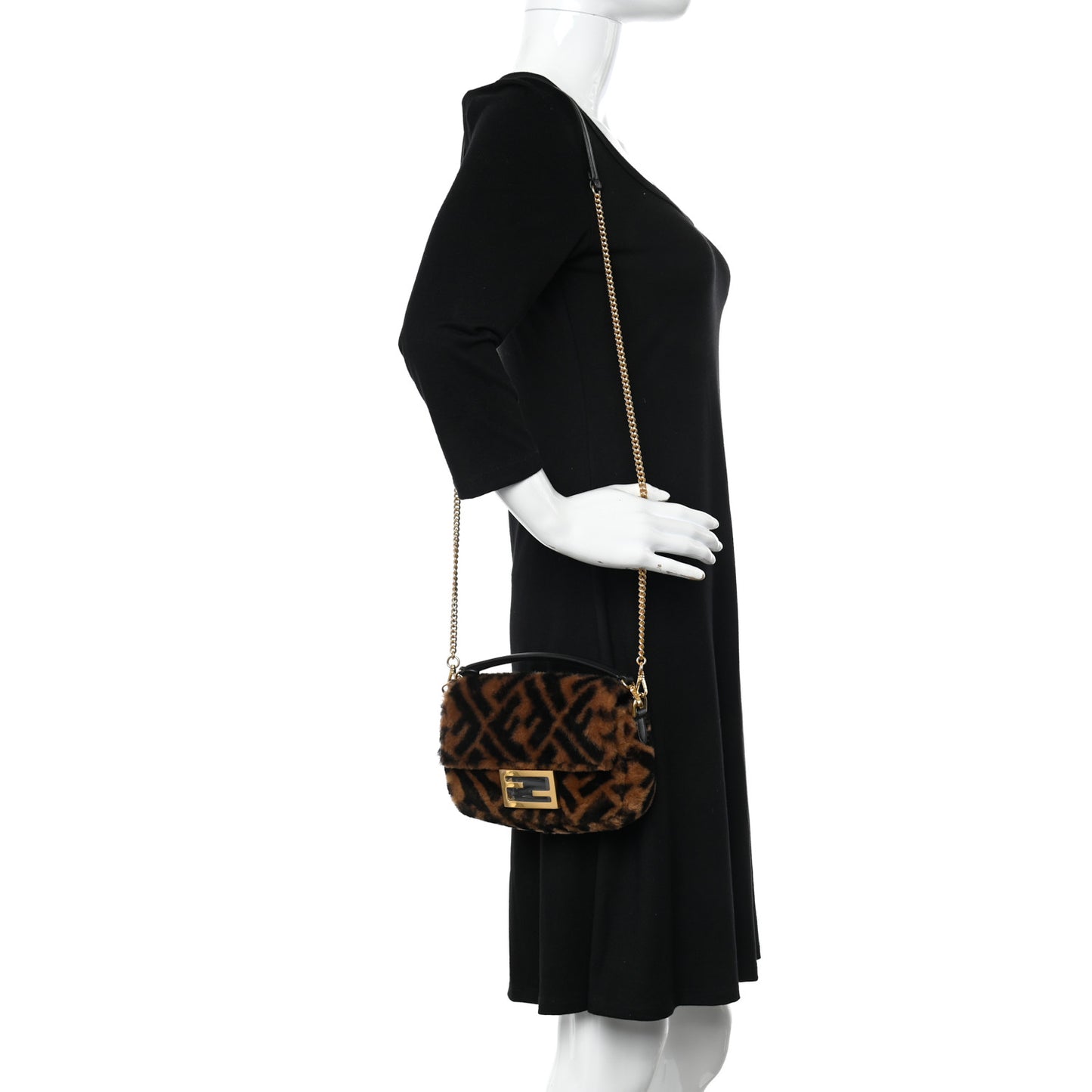 Shearling Vitello Dolce Macro FF 1974 Mini Baguette Tobacco Black