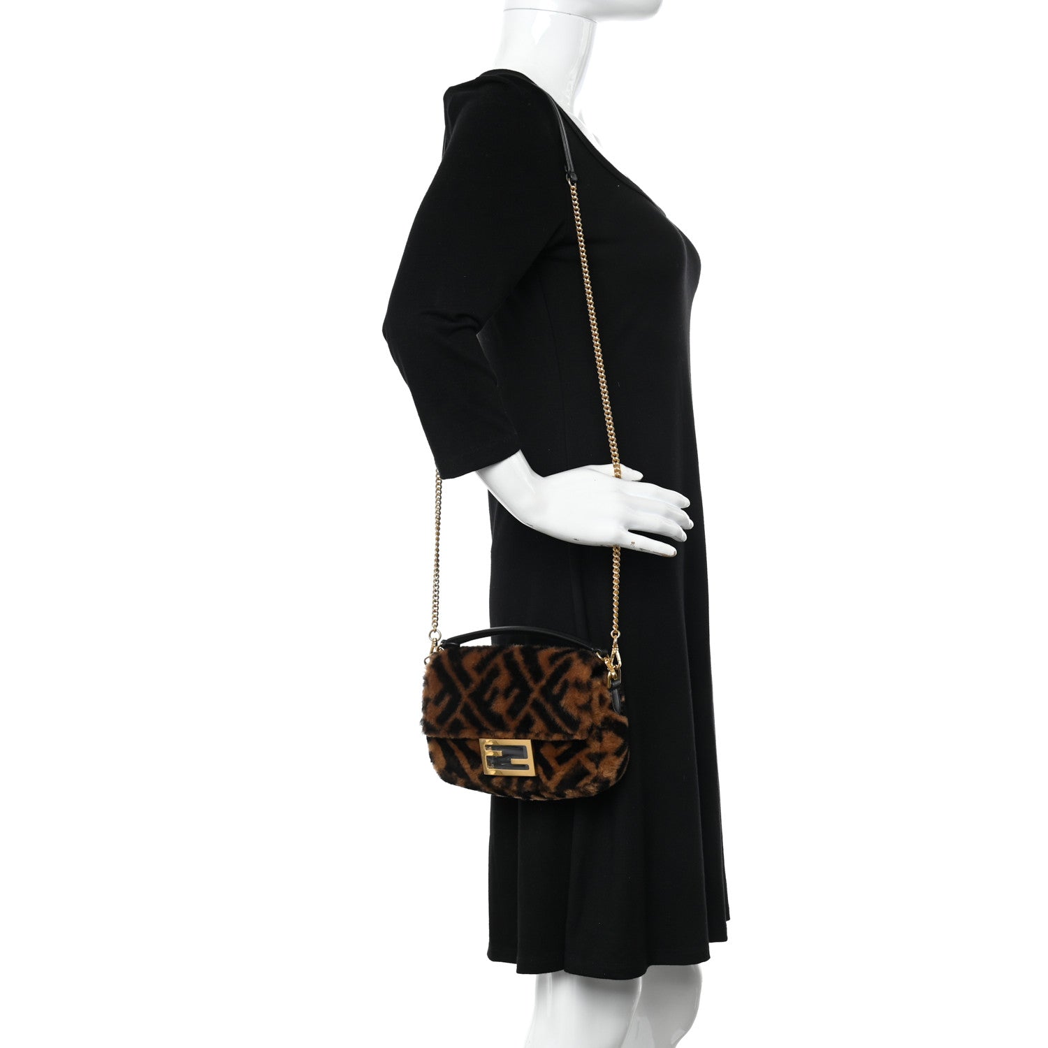 Fendi Shearling Vitello Dolce Macro FF 1974 Mini Baguette Tobacco Black 2 of 12