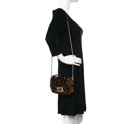 Fendi Shearling Vitello Dolce Macro FF 1974 Mini Baguette Tobacco Black 2 of 12