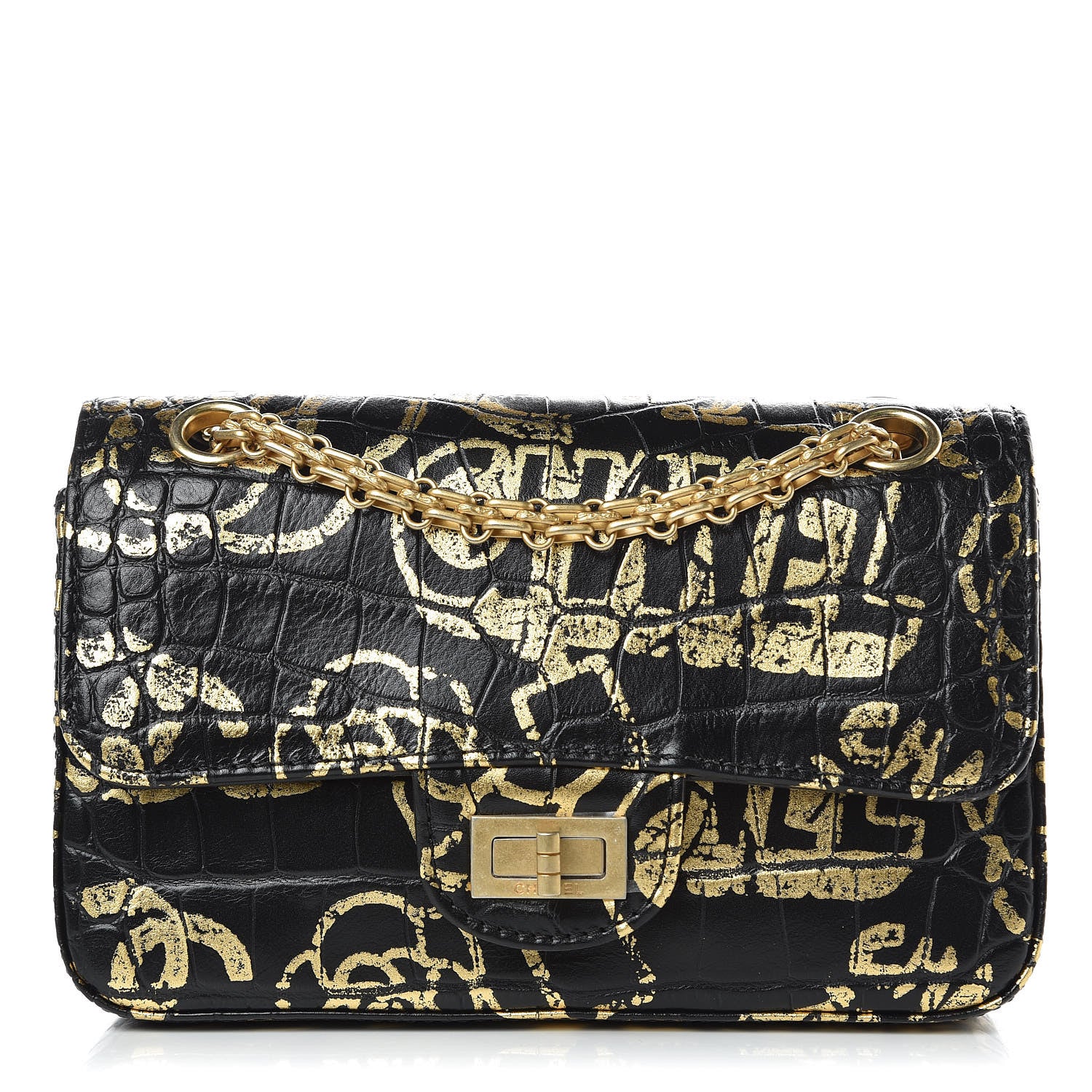 Chanel Calfskin Crocodile Embossed Graffiti 2.55 Mini Cocodile Reissue Flap Black Gold 1 of 10