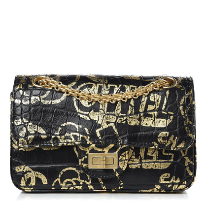 Chanel Calfskin Crocodile Embossed Graffiti 2.55 Mini Cocodile Reissue Flap Black Gold 1 of 10