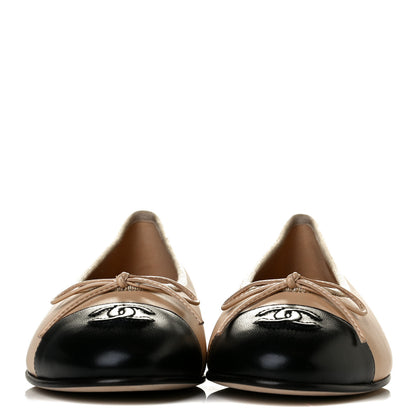 Chanel Lambskin Cap Toe CC Ballerina Flats 37.5 Beige Black 2 of 8