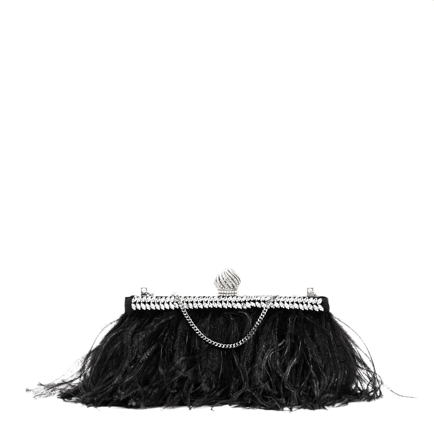 Jimmy Choo Satin Feather Crystal Embellished Celeste Clutch Black 1 of 9