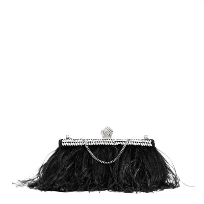Jimmy Choo Satin Feather Crystal Embellished Celeste Clutch Black 1 of 9