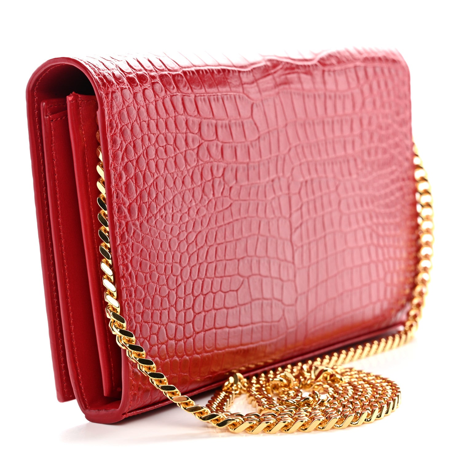 Saint Laurent Calfskin Crocodile Embossed Monogram Chain Wallet New Lipstick Red 2 of 13