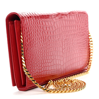 Saint Laurent Calfskin Crocodile Embossed Monogram Chain Wallet New Lipstick Red 2 of 13