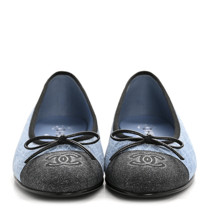 Chanel Denim Printed Quilt CC Cap Toe Ballerina Flats 38 Light Blue Dark Grey 3 of 9