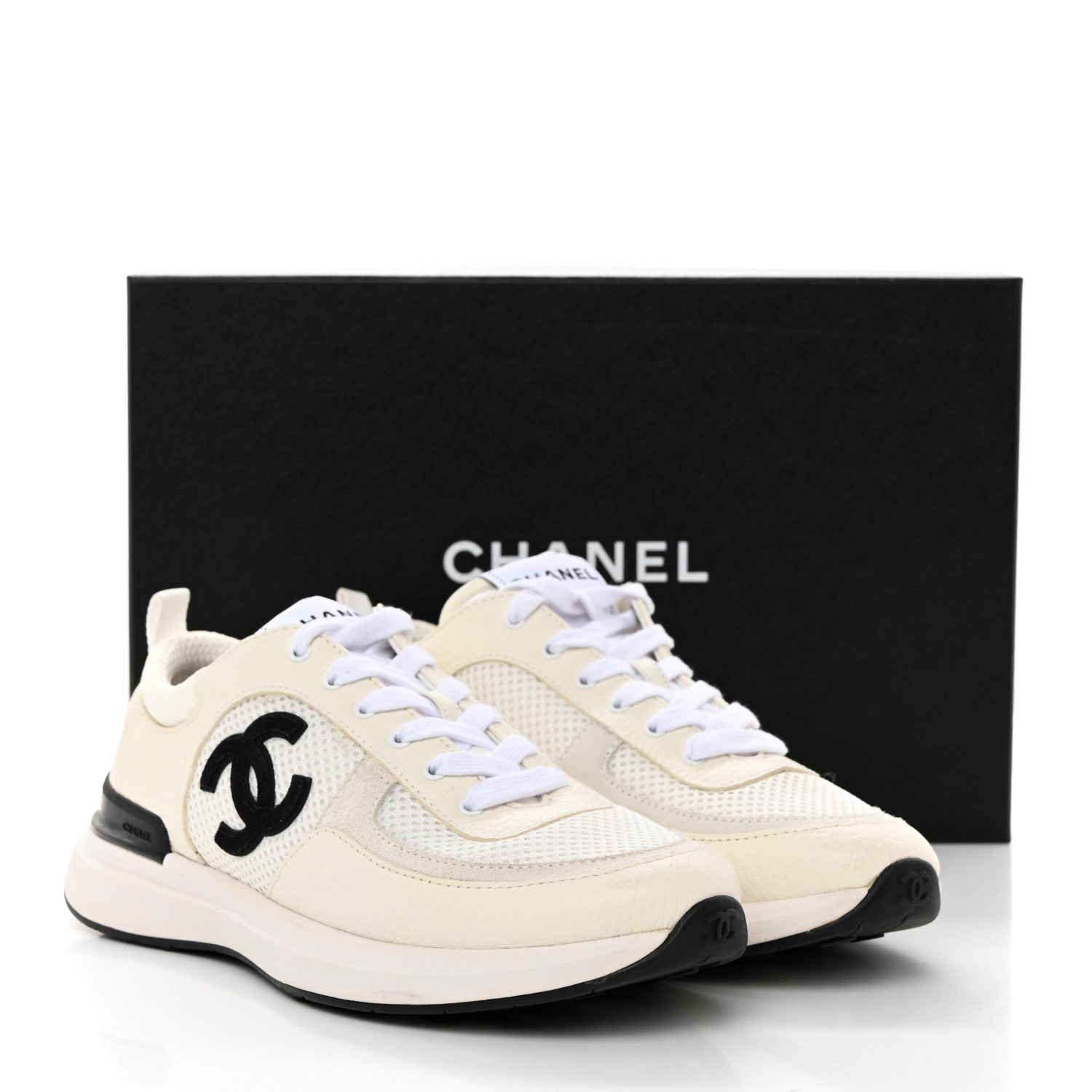 Chanel Calfskin Mesh Lycra Suede Womens Logo Sneakers 38 White Black 9 of 9