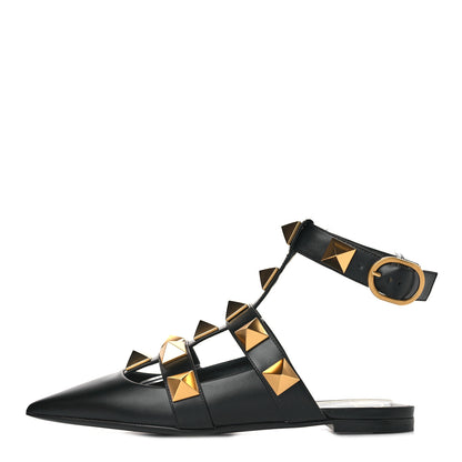 Valentino Garavani Calfskin Roman Stud Ankle Strap Flat Mules 36 Black 2 of 8