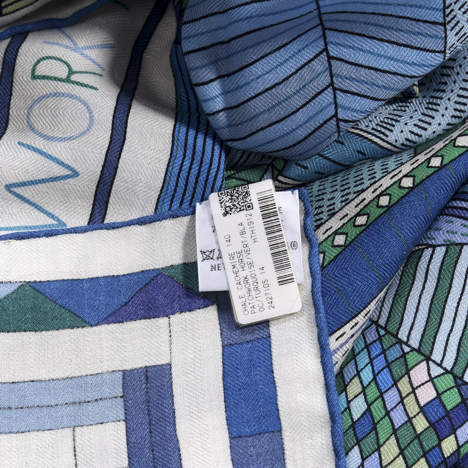 Hermes Cashmere Silk Patchwork Horse Shawl 140 Turquoise Vert Bleu 4 of 4