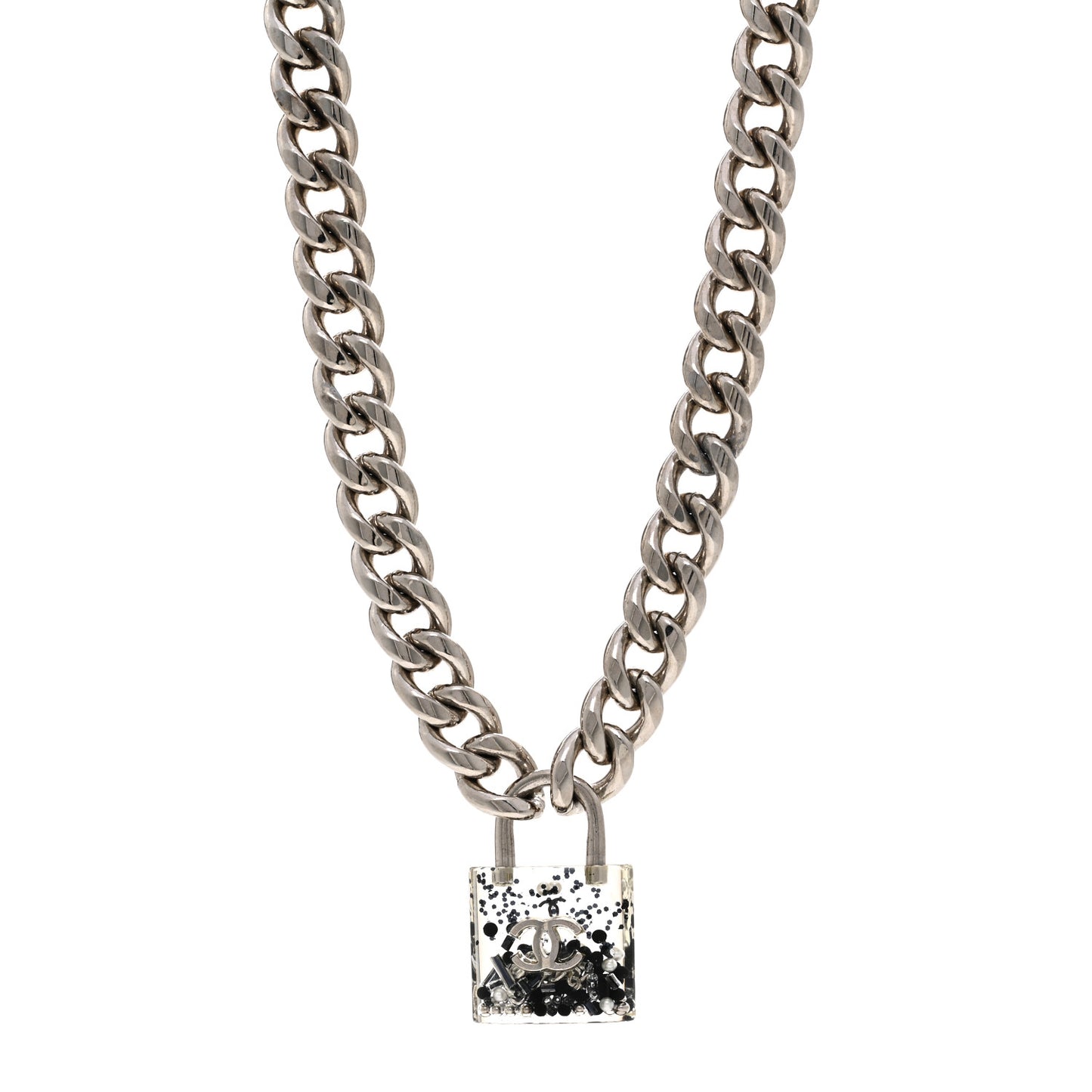 Resin CC Oversized Padlock Chain Necklace Silver Pearly White