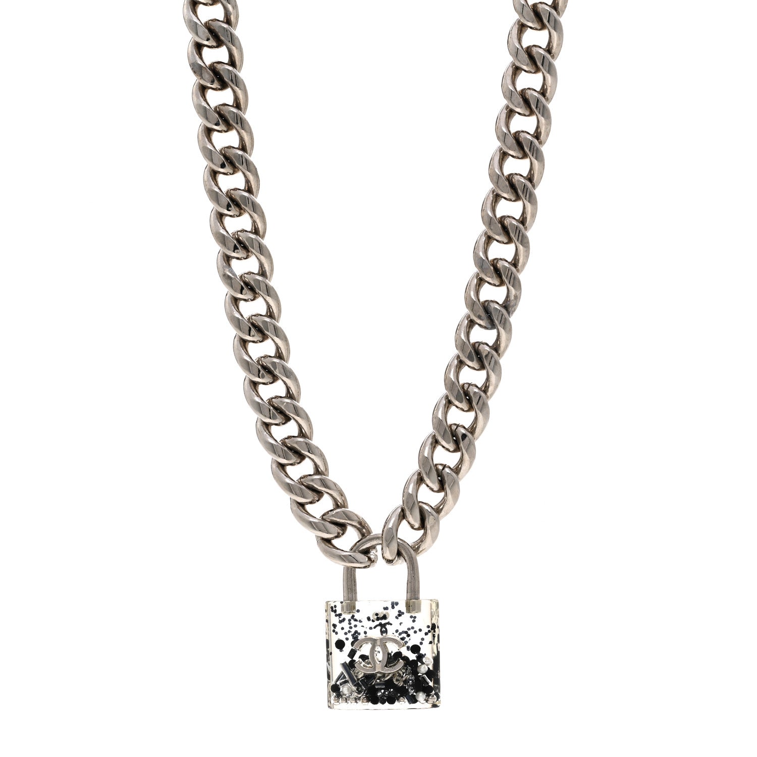 Chanel Resin CC Oversized Padlock Chain Necklace Silver Pearly White 1 of 5