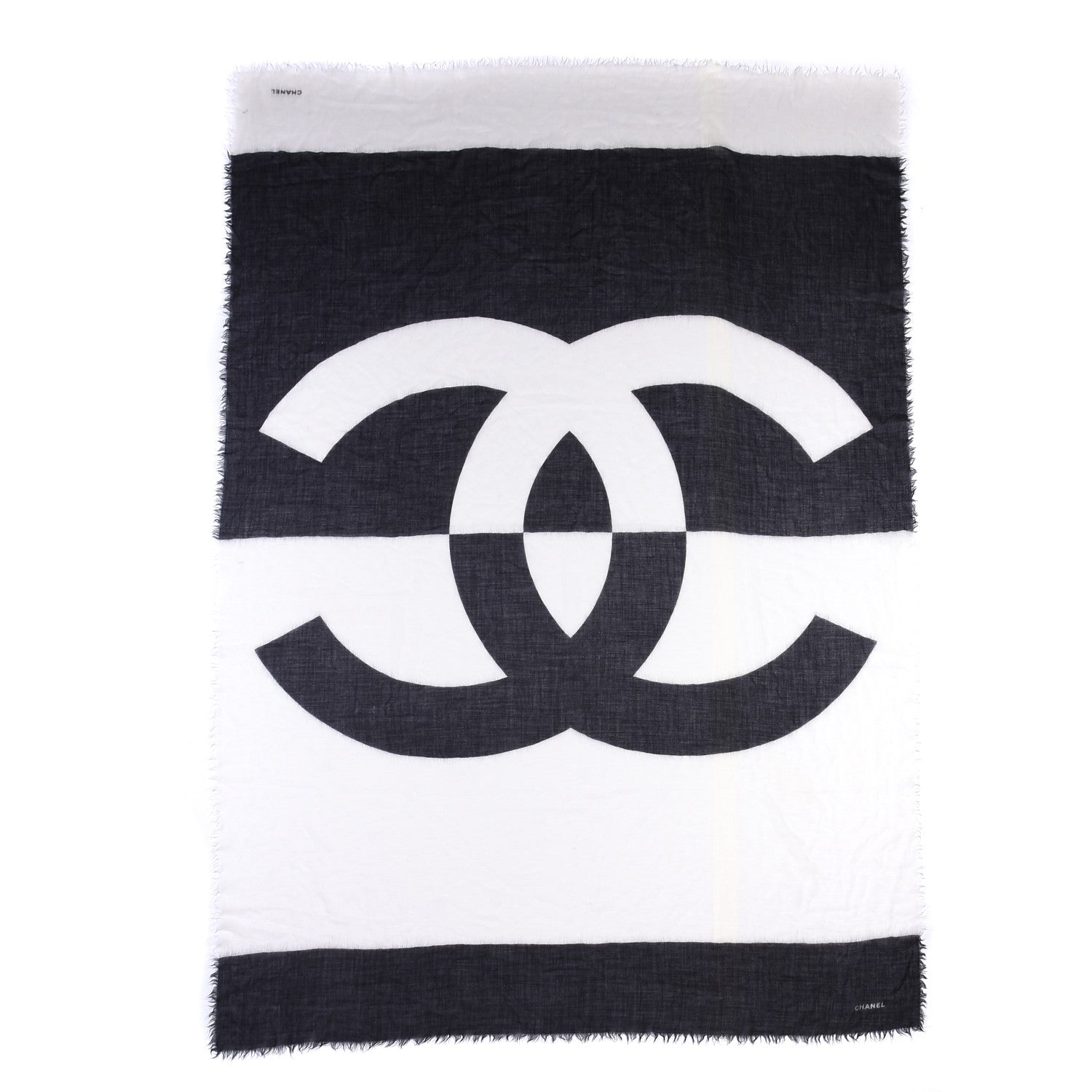 Chanel Cashmere Silk CC Fringe Scarf Black White 2 of 3