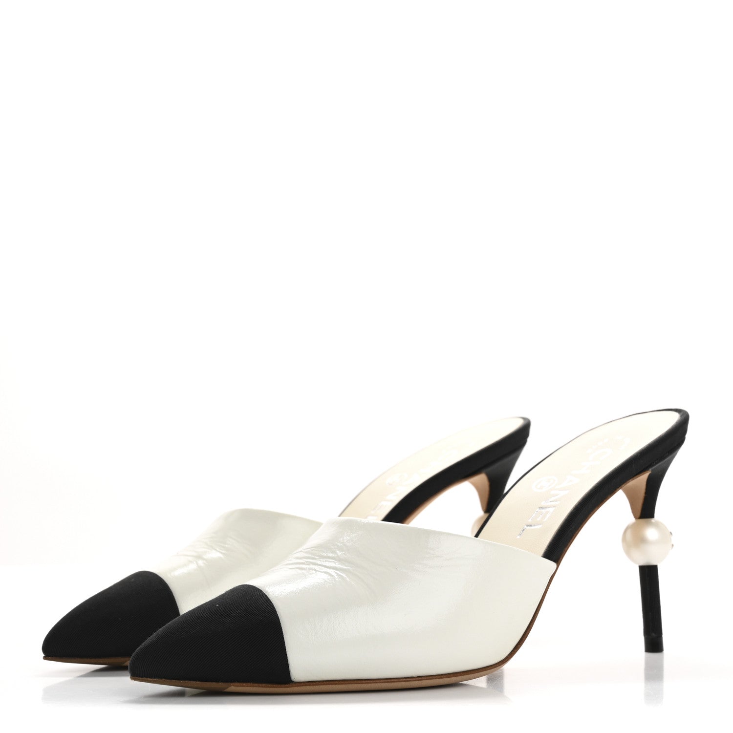 Chanel Patent Lambskin Grosgrain Cap Toe Pearl Mule 36.5 Ecru Black 4 of 14