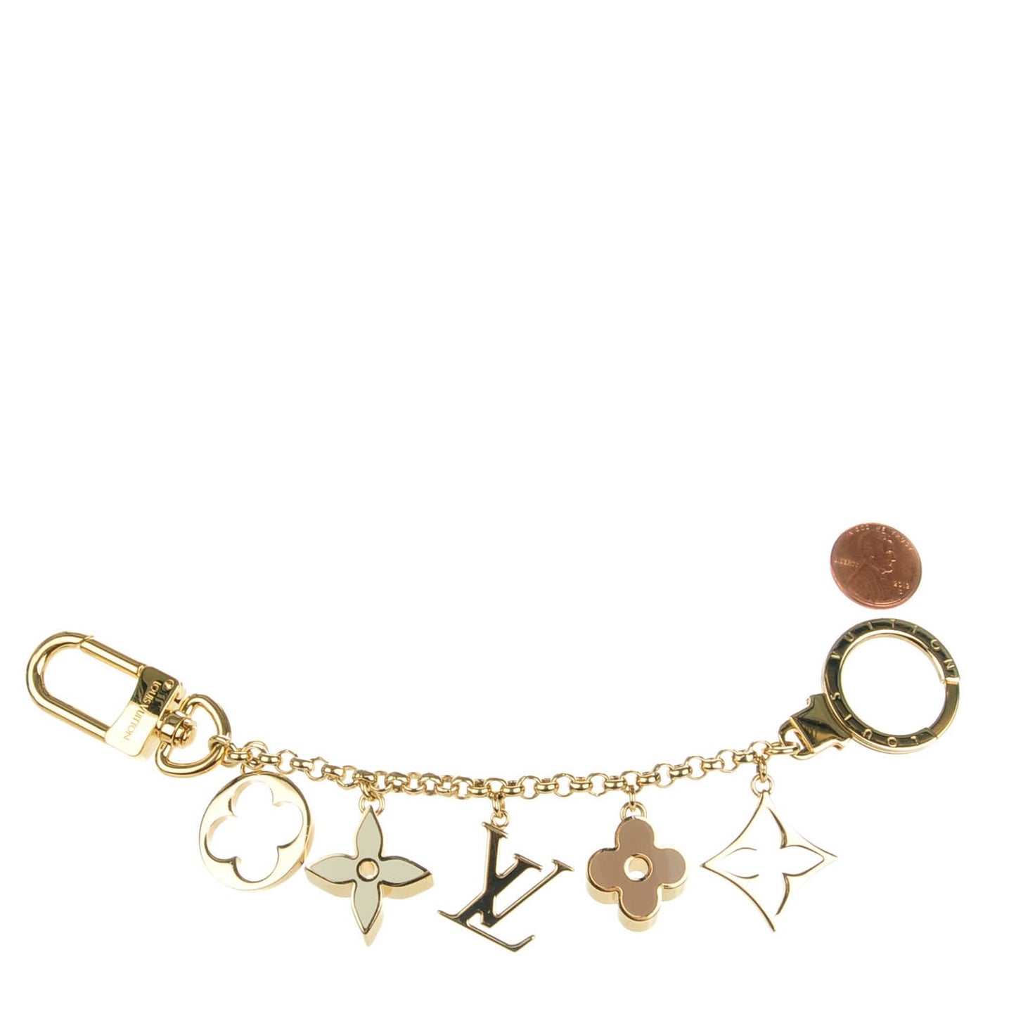 Brass Enamel Fleur De Monogram Bag Charm Chain Gold