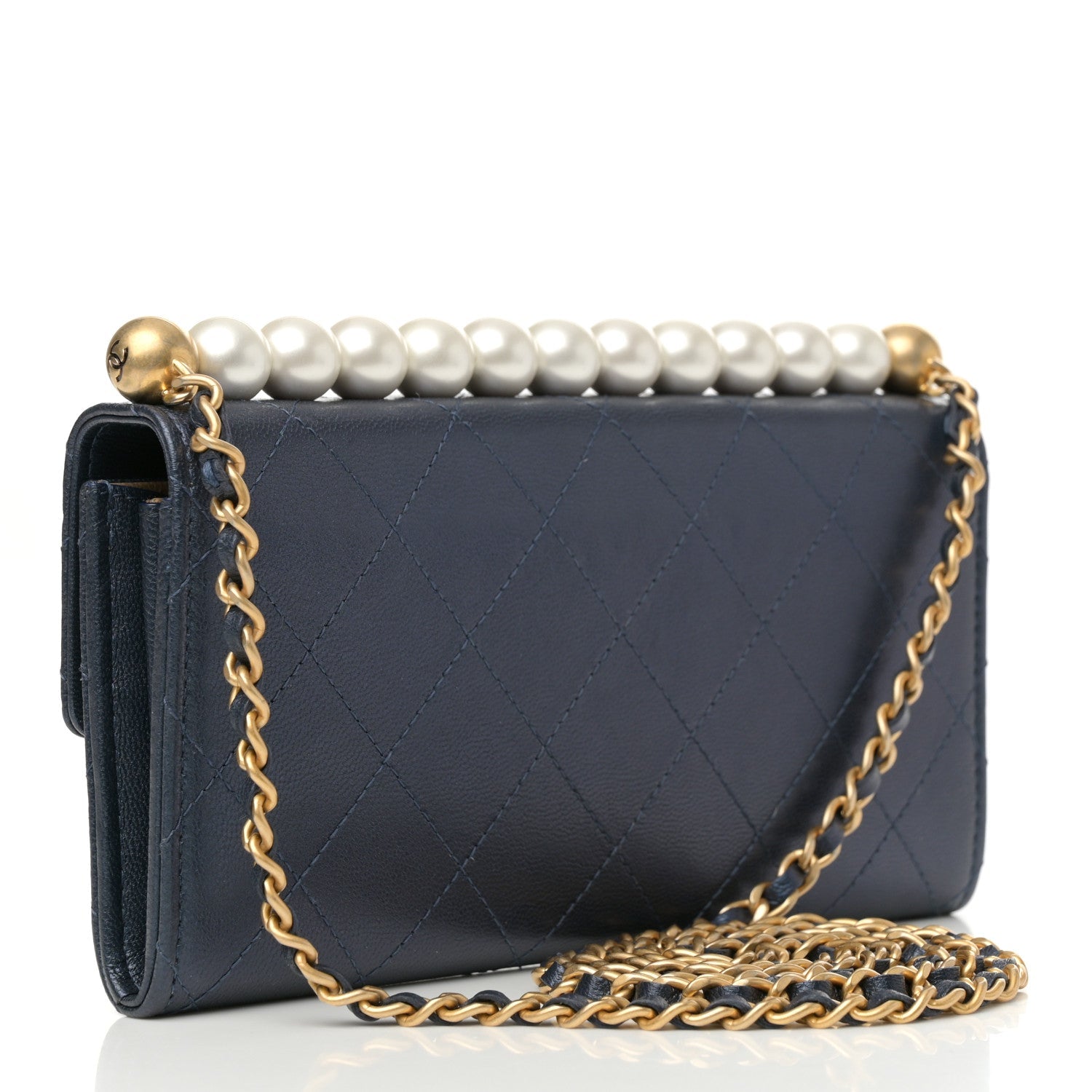 Chanel Goatskin Quilted Chic Pearls Clutch With Chain Navy 3 of 11