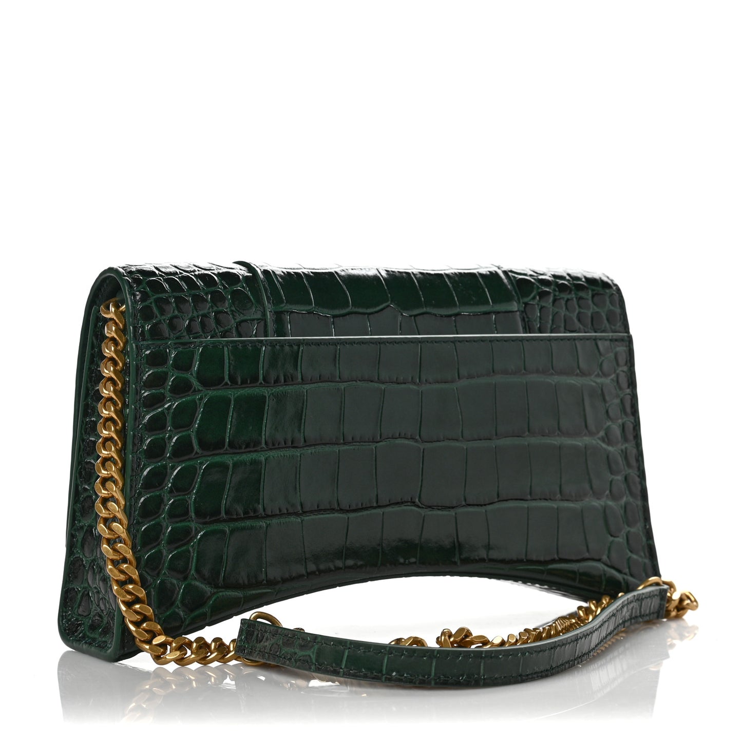 Shiny Calfskin Crocodile Embossed Small Hourglass Evening Chain Bag Forest Green