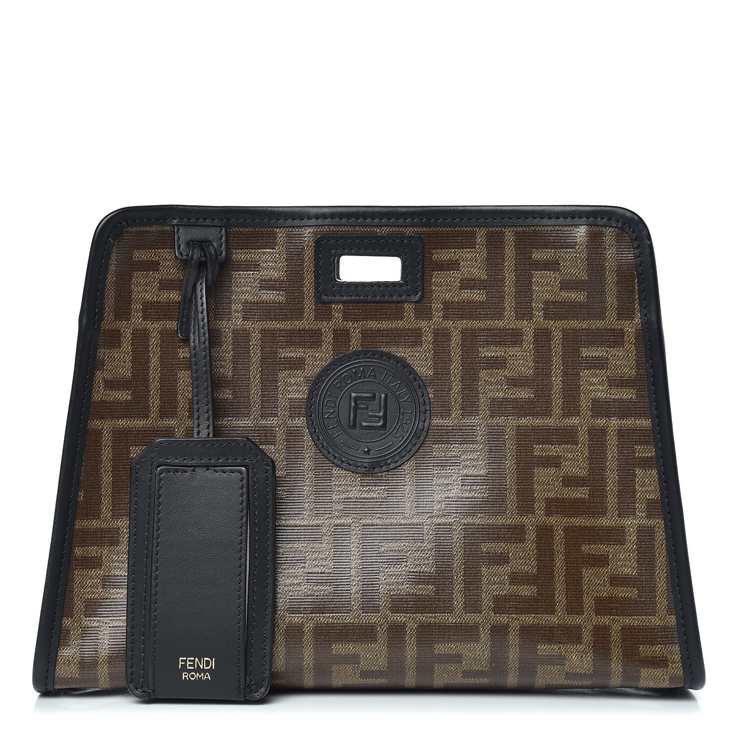 Fendi Glazed Fabric Vitello Century FF 1974 Stamp Patch Mini Peekaboo Defender Cover Mogano Panna Black 1 of 9