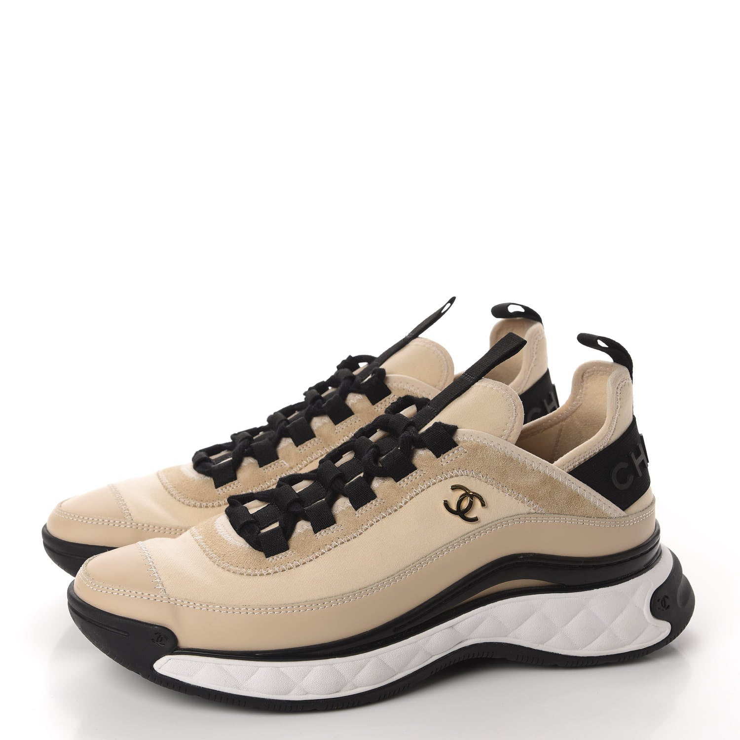 Chanel Calfskin Suede Nylon Grosgrain CC Sneakers 38.5 Beige 3 of 11