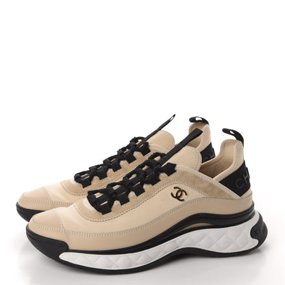 Chanel Calfskin Suede Nylon Grosgrain CC Sneakers 38.5 Beige 3 of 11