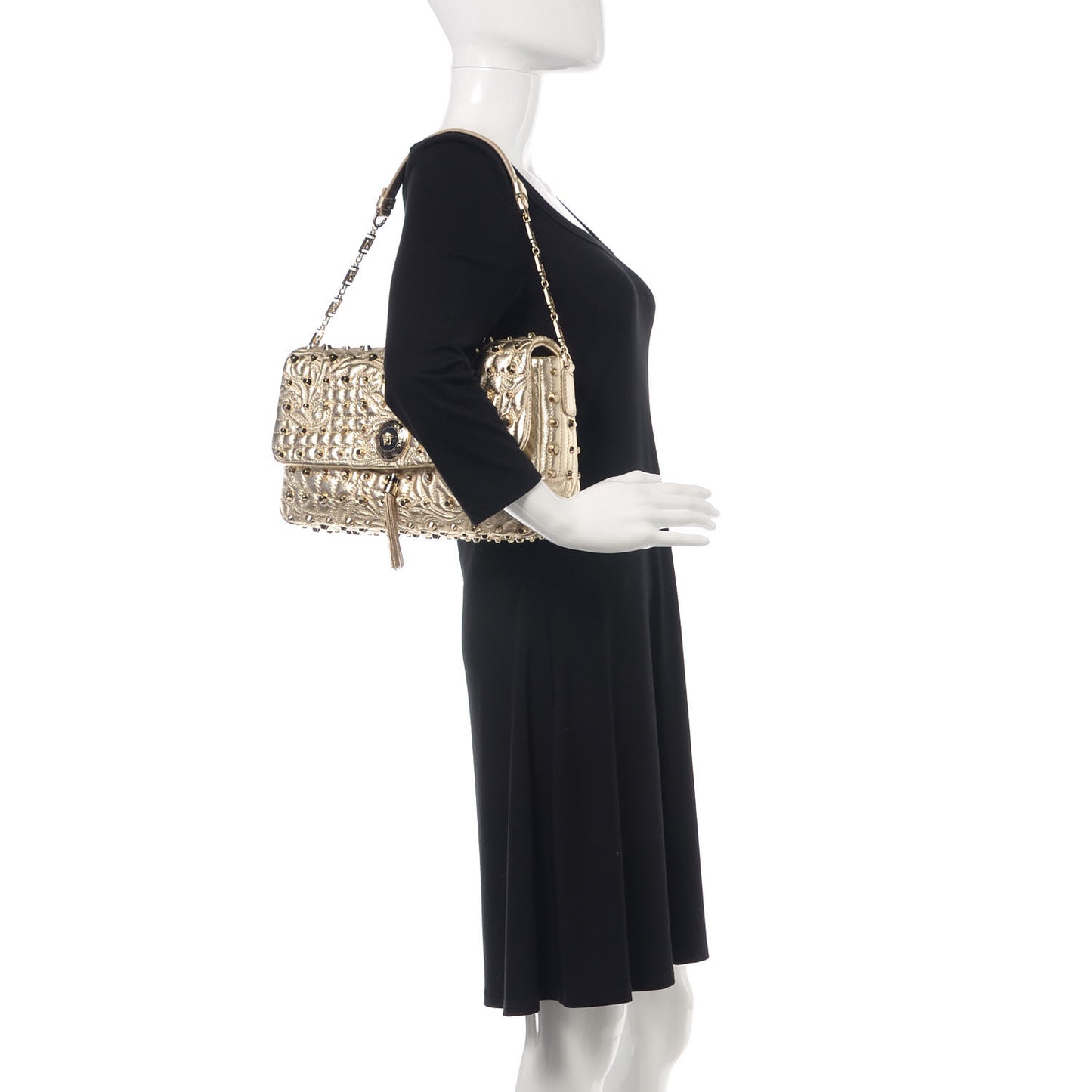 Metallic Nappa Barocco Quilted Studded Calliope Vanitas Shoulder Bag Gold