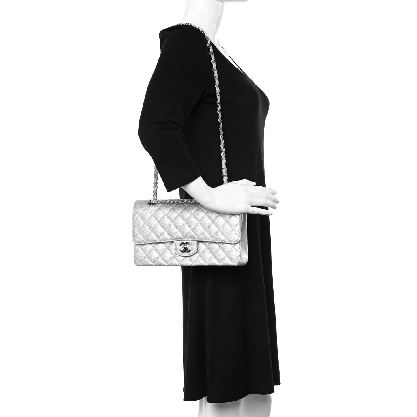 Glittered Metallic Caviar Quilted Medium Double Flap Silver
