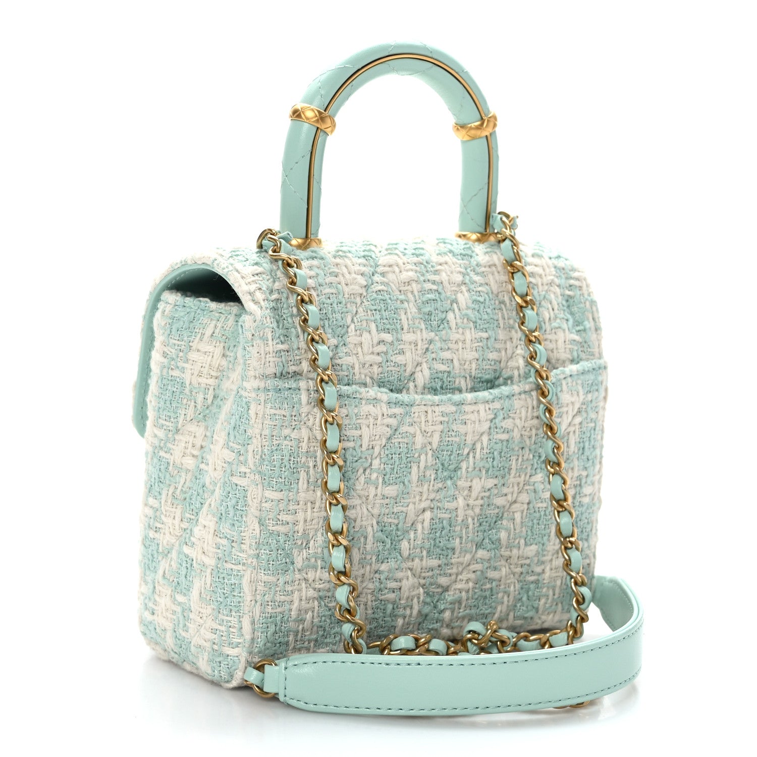 Chanel Tweed Handle Crush Top Handle Flap Bag Light Blue Ecru 3 of 9