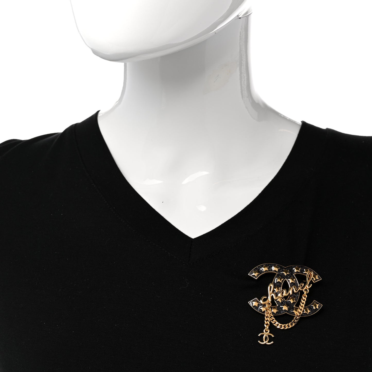 Metal Resin CC Star Chain Logo Brooch Gold Black