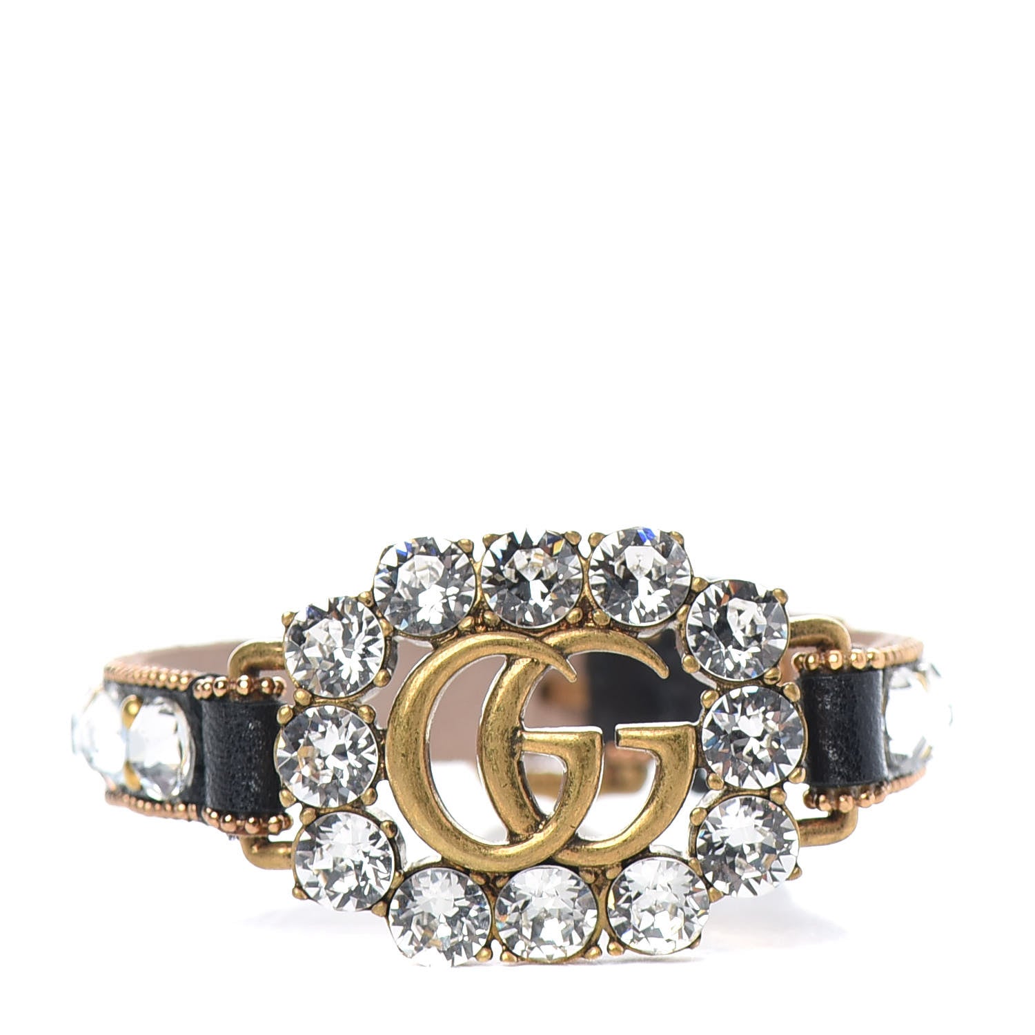 Gucci Metal Calfskin Crystal Double G Bracelet Black 1 of 4
