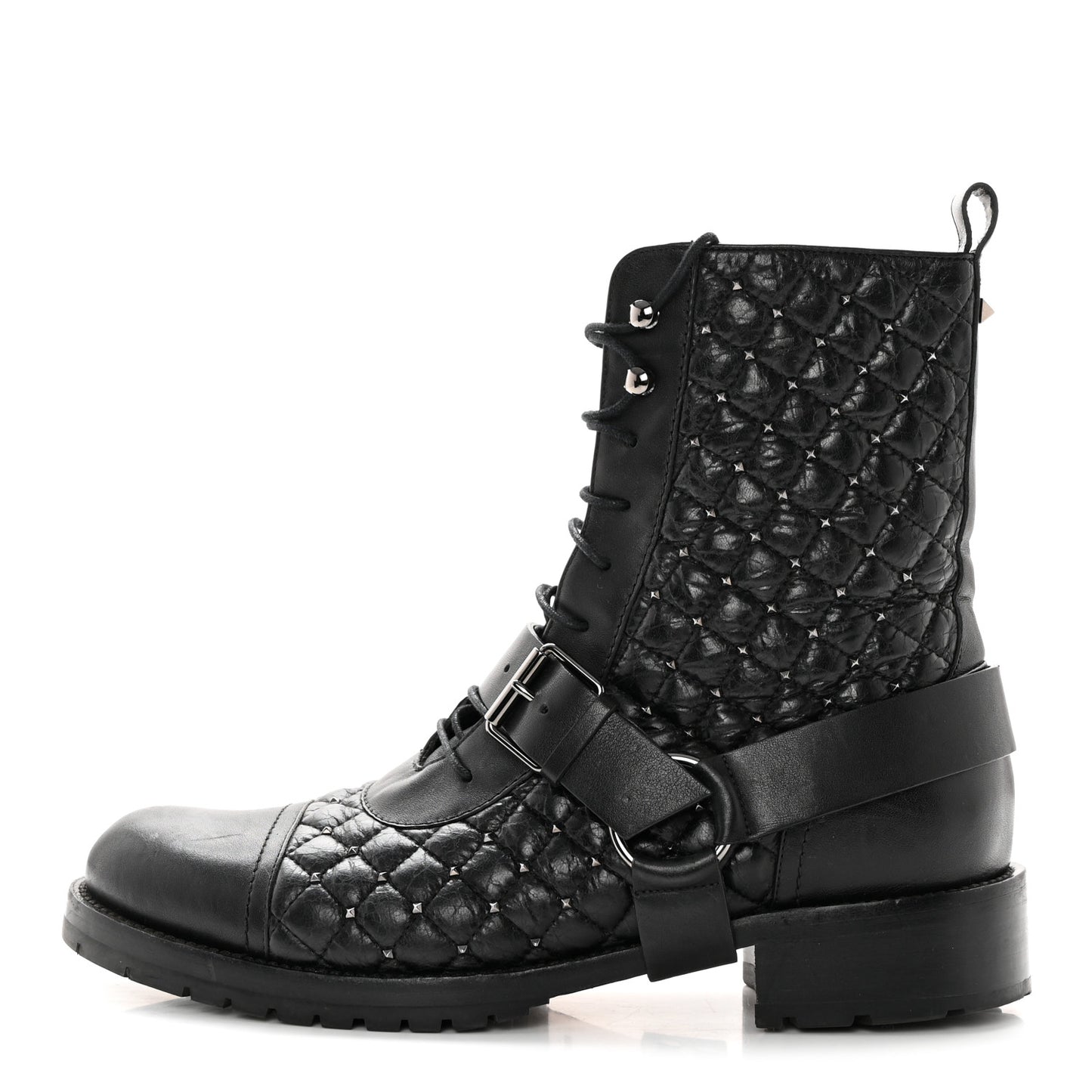 Crackled Lambskin Rockstud Spike 20mm Combat Boots 40 Black