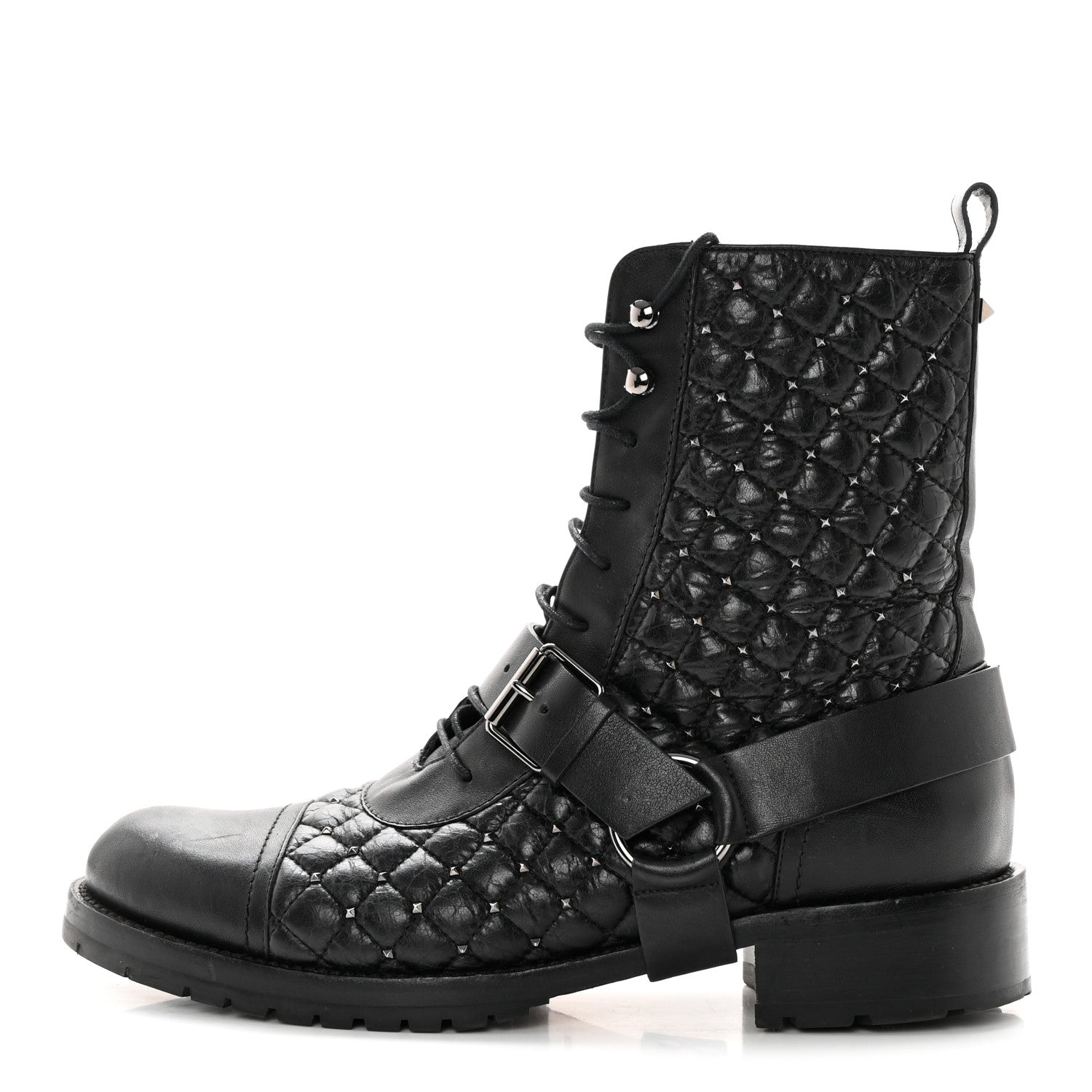 Valentino Garavani Crackled Lambskin Rockstud Spike 20mm Combat Boots 40 Black 1 of 17