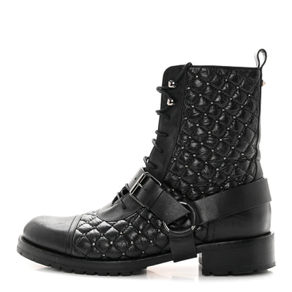 Valentino Garavani Crackled Lambskin Rockstud Spike 20mm Combat Boots 40 Black 1 of 17