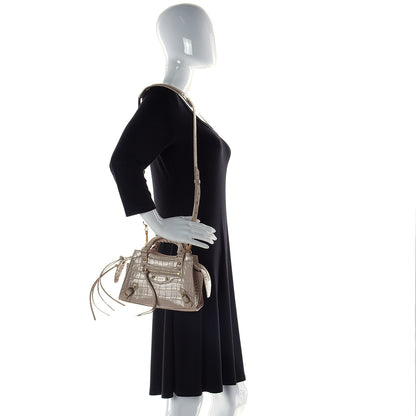 Balenciaga Shiny Supple Calfskin Crocodile Embossed Neo Classic Gold Hardware Nano City Crossbody Mink Grey 2 of 9