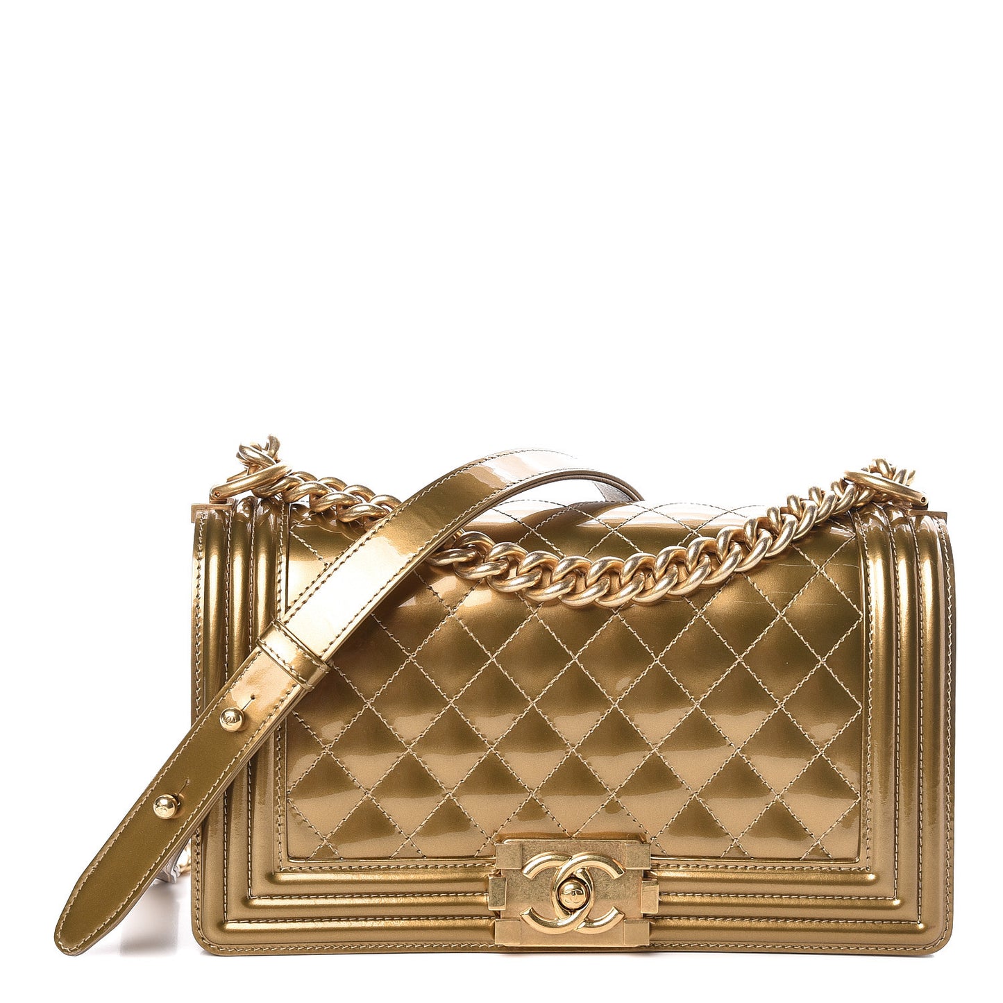 Metallic Patent Calfskin Quilted Medium Boy Flap Gold