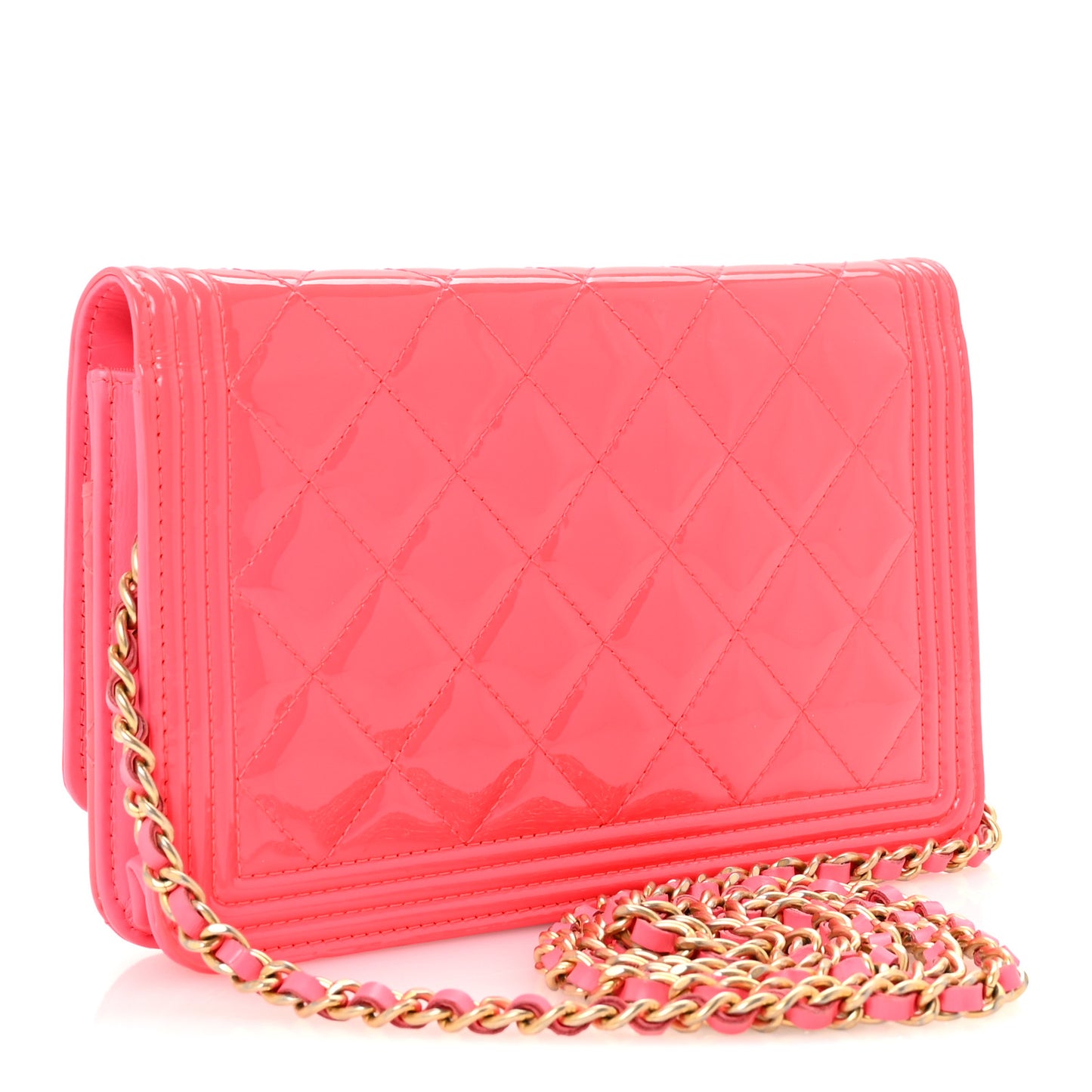 Patent Calfskin Quilted Boy Wallet On Chain WOC Pink