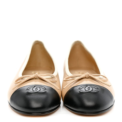 Chanel Lambskin Cap Toe CC Ballerina Flats 37.5 Beige Black 3 of 9