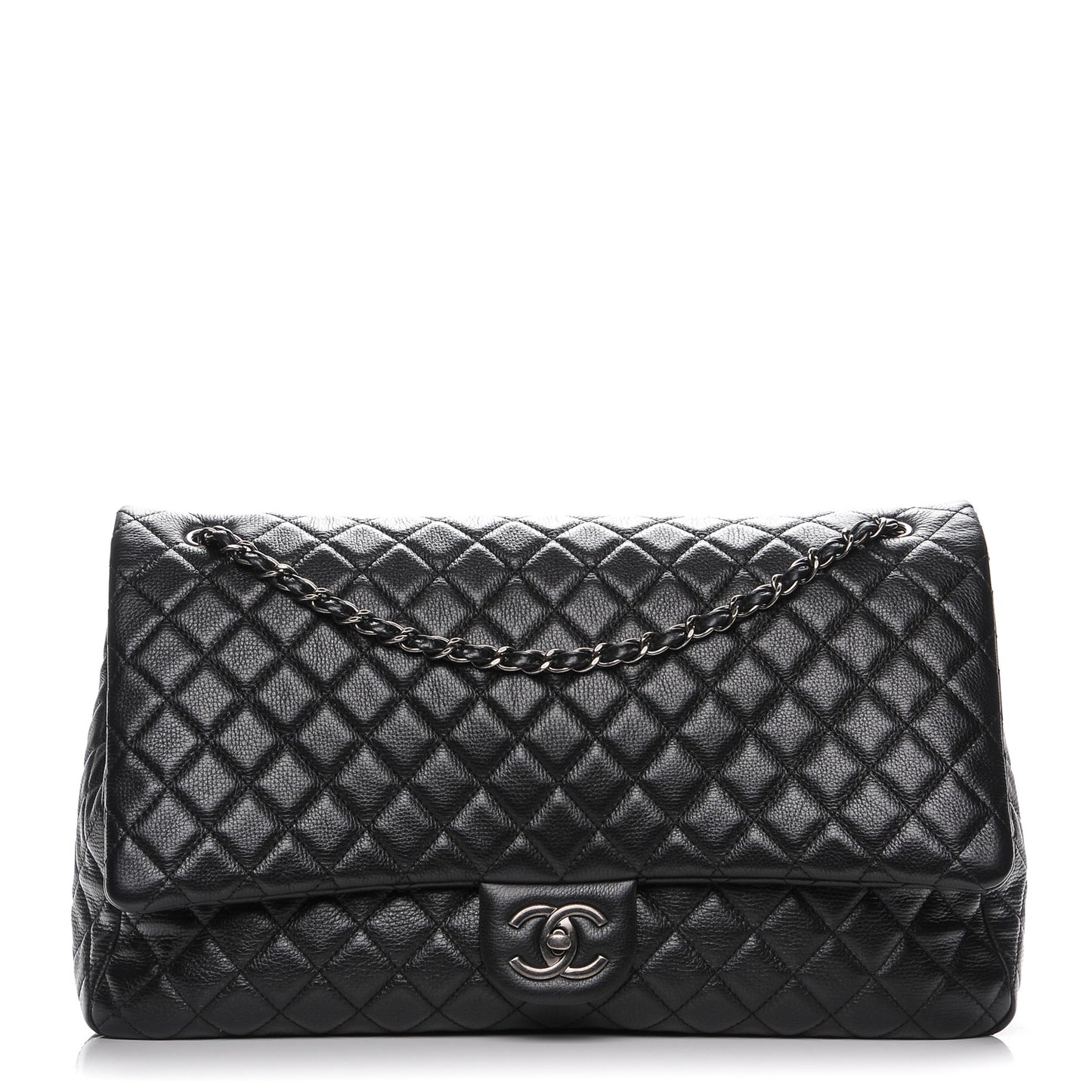 Calfskin Quilted XXL Travel Flap Bag Black