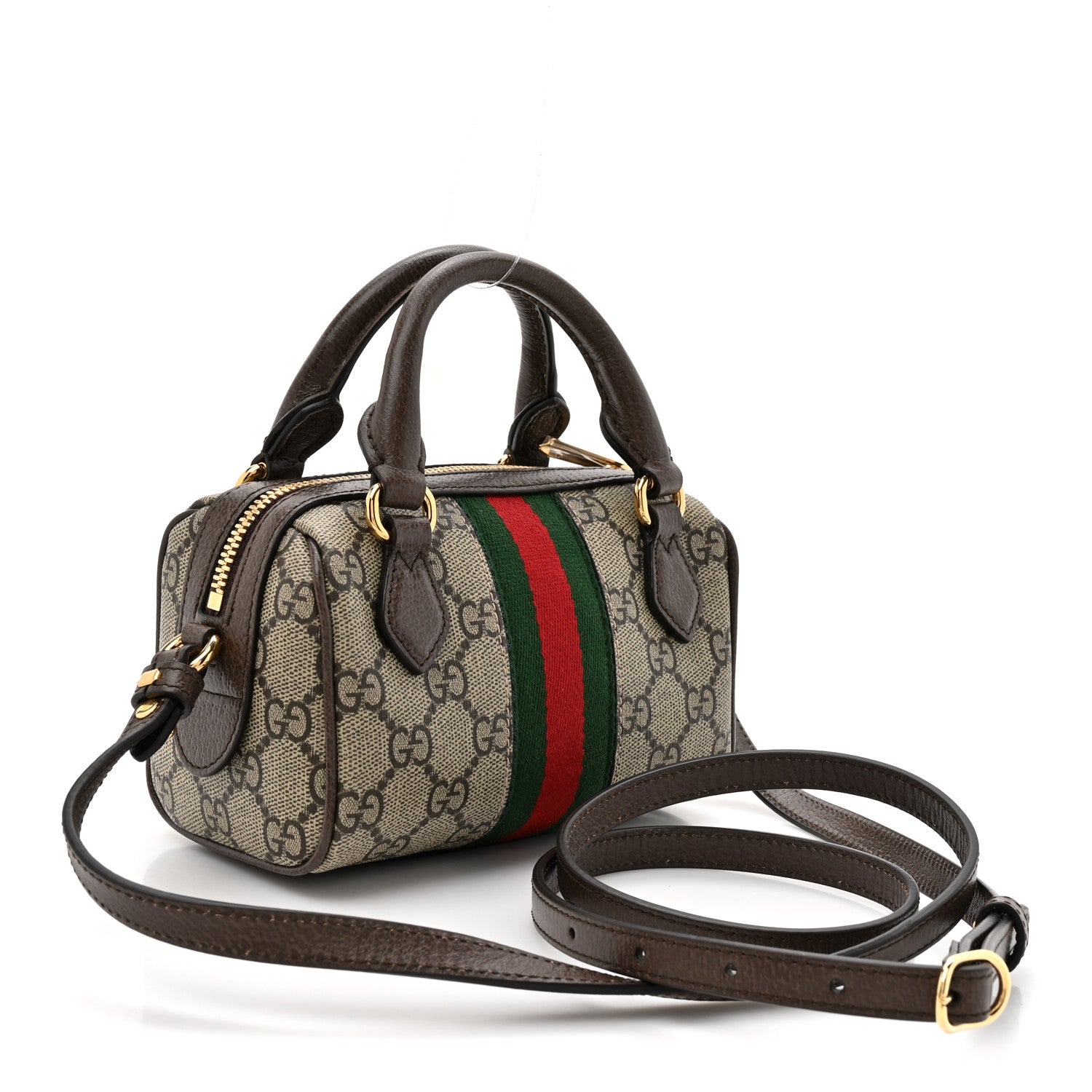 Gucci GG Supreme Monogram Textured Dollar Calfskin Web Super Mini Ophidia Top Handle Bowler Bag Beige Ebony New Acero 3 of 11