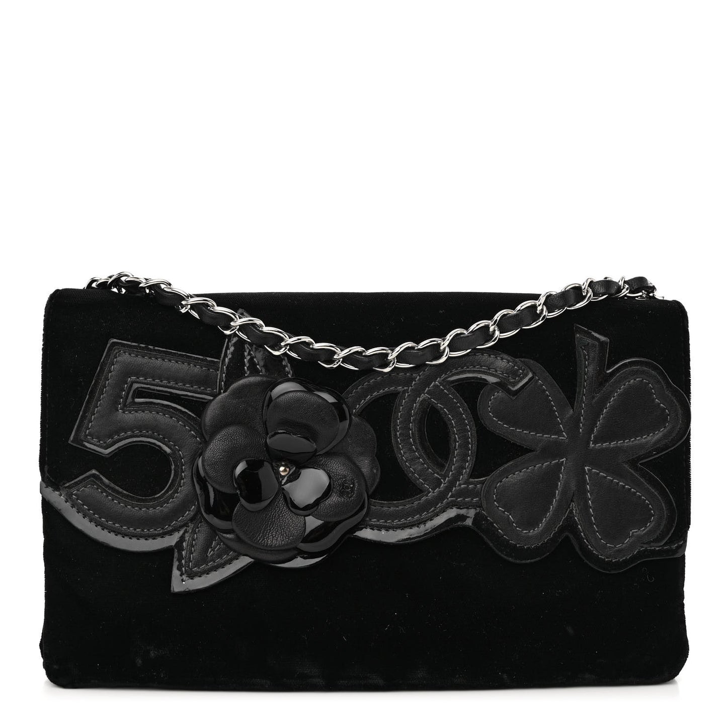 Velvet Lambskin Camellia No. 5 Flap Bag Black