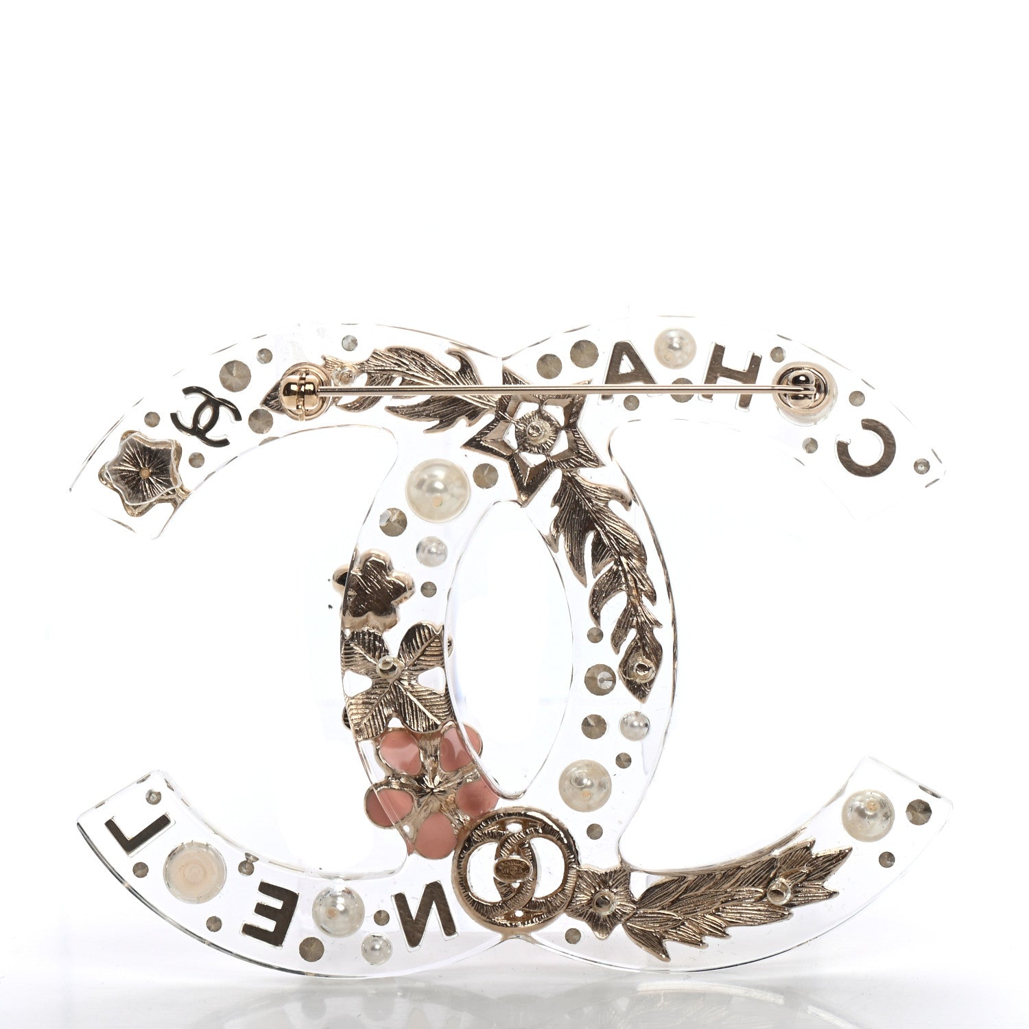 Chanel Resin Pearl Crystal Feather Star CC Brooch Transparent Gold 3 of 4