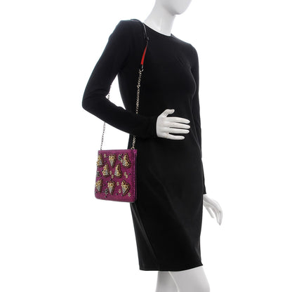 Christian Louboutin Metallic Raffia Studded Loubiposh Chain Clutch Magenta 2 of 6