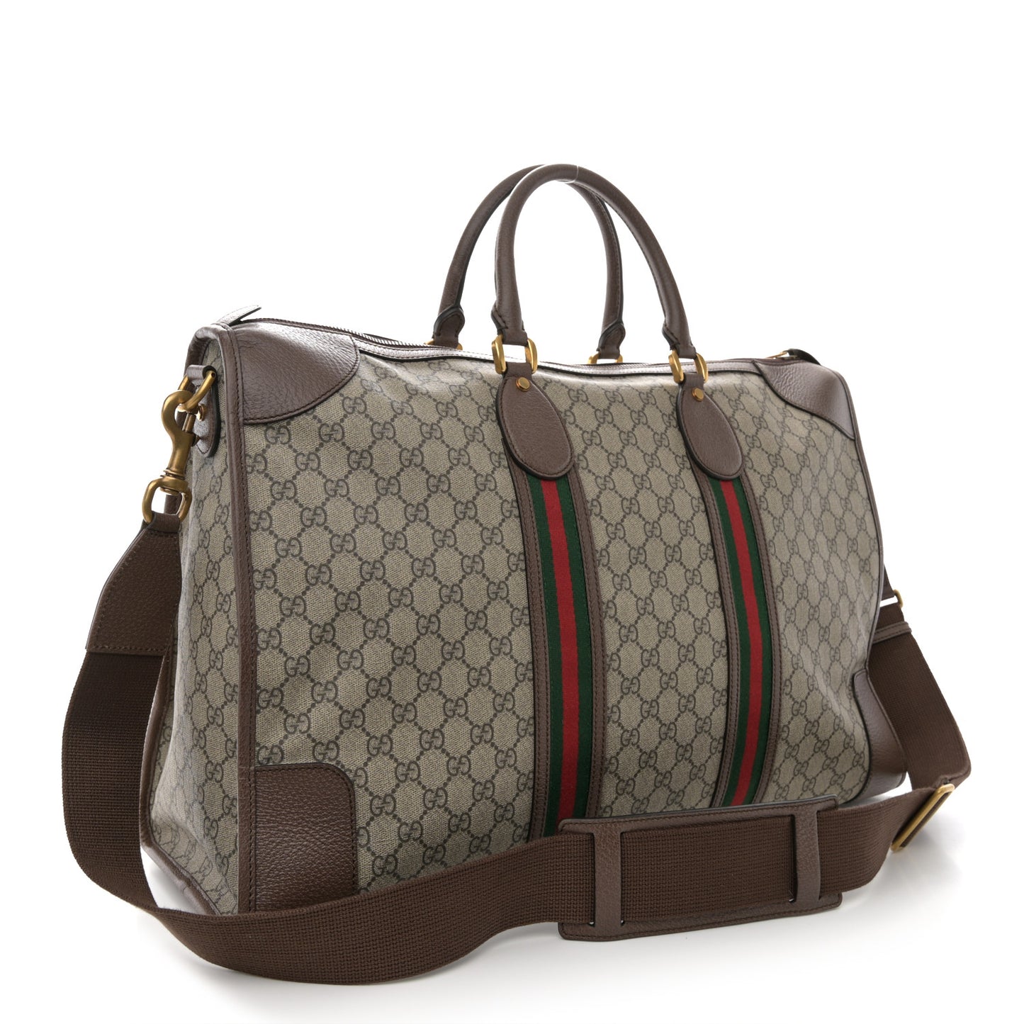 Soft GG Supreme Monogram Textured Dollar Calfskin Web Large Ophidia Carry-On Duffle Bag Beige Ebony New Acero