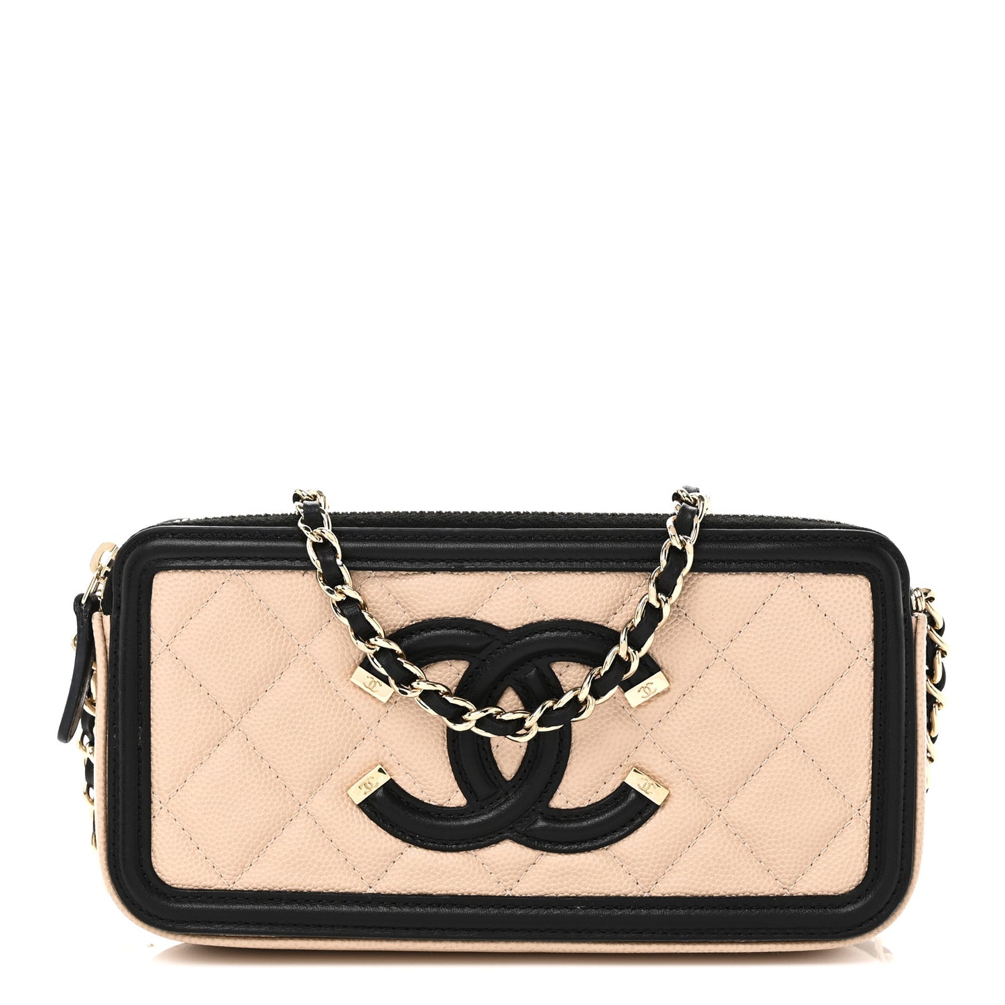 Caviar Quilted CC Filigree Clutch With Chain Beige Black