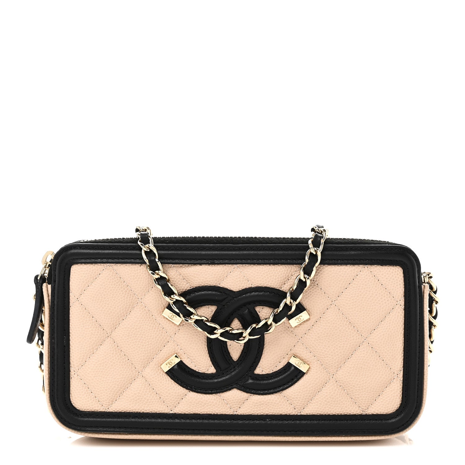 Chanel Caviar Quilted CC Filigree Clutch With Chain Beige Black 1 of 13