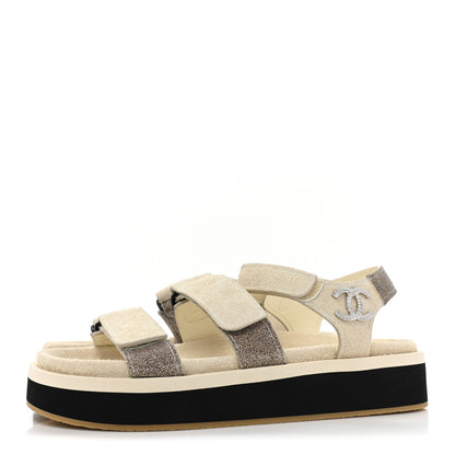 Chanel Suede Calfskin Velcro Flat Sandals 39 Ecru Dark Beige 3 of 9