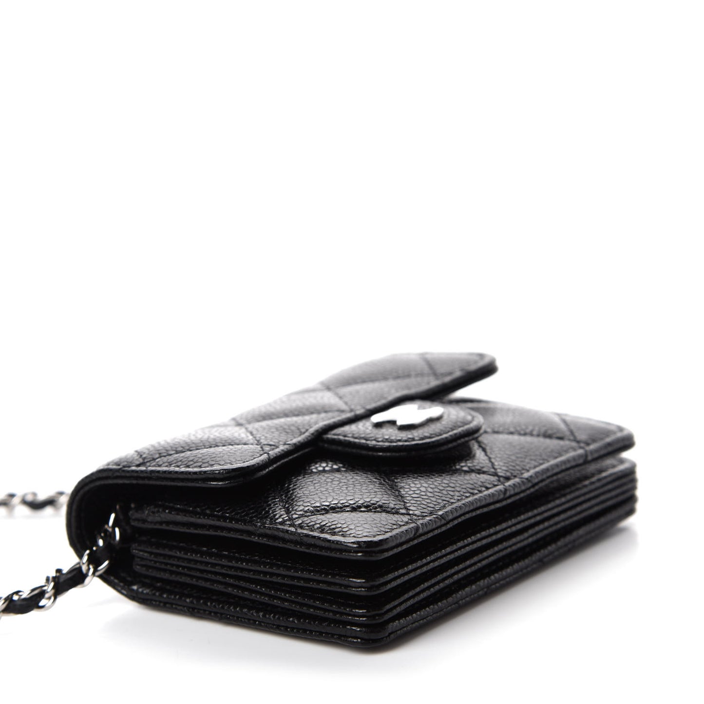 Caviar Quilted Flap Card Holder On Chain Black