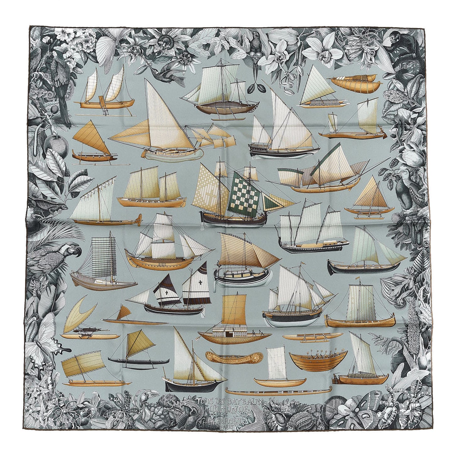 Silk Tous Les Bateaux Du Monde Scarf 90 Amande Celadon Caramel