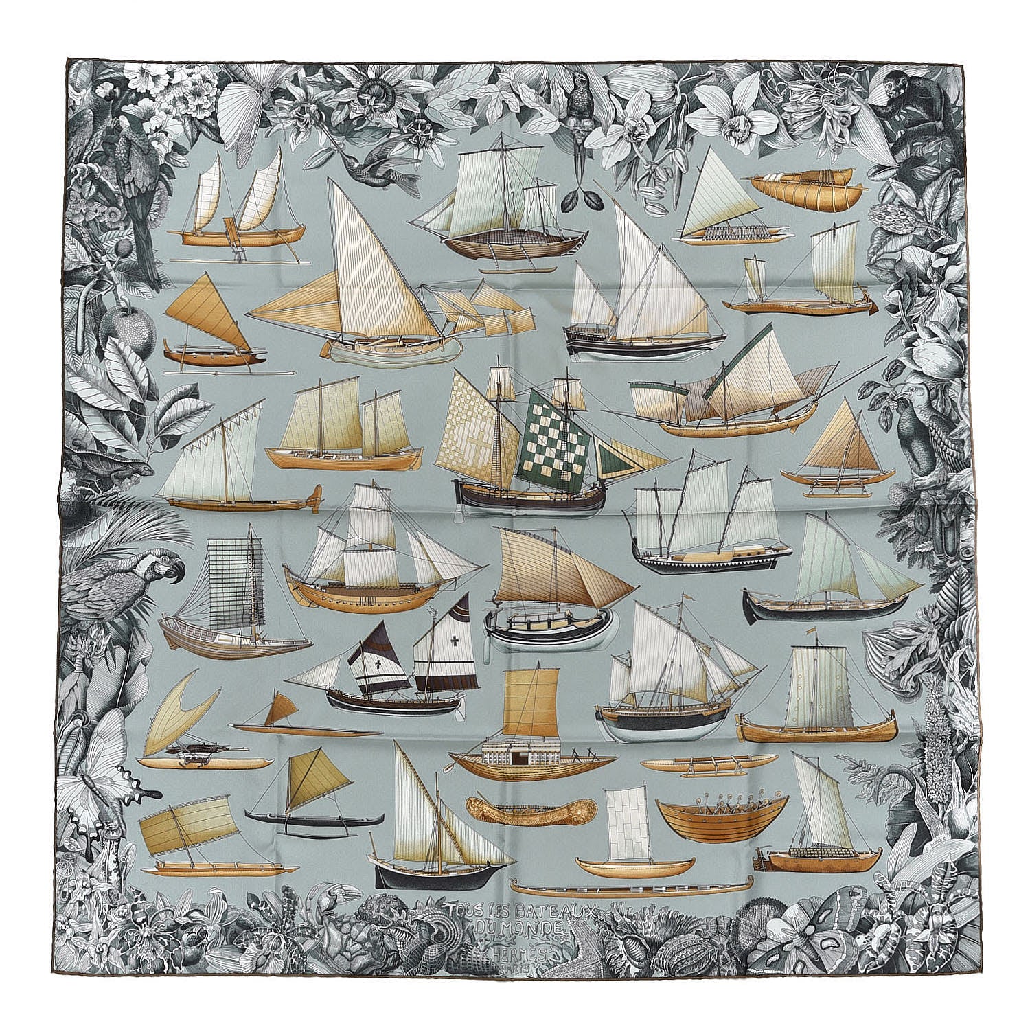 Hermes Silk Tous Les Bateaux Du Monde Scarf 90 Amande Celadon Caramel 1 of 4